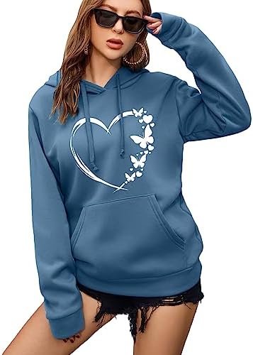 Women's Graphic Hoodies Heart Print Drawstring Long Sleeve Pocket Sweatshirt Pullover Tops