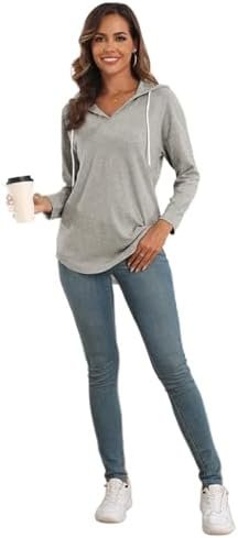 Hoodies for Women V Neck Long Sleeve Lightweight Sweatshirts Drawstring Pullover Tops
