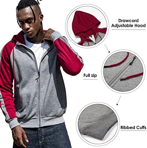Mens Zip Up Hoodie Color Block Long Sleeve Casual Sweatshirt Sport Outwear with Pocket